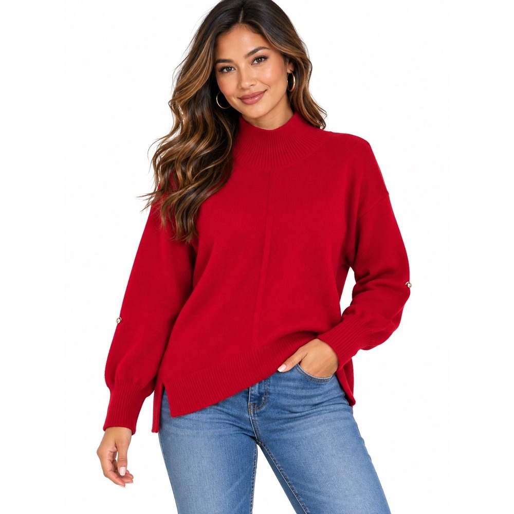 Anthropologie Red Mock Neck Puff Sleeve Knit Sweater size XS/S Oversized Winter